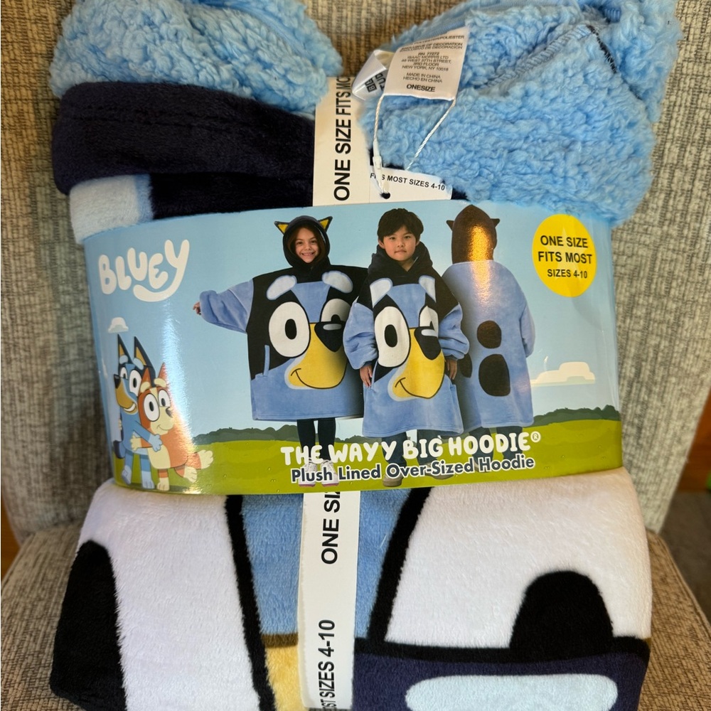 Bluey White and Blue Plush Hoodie Size 4-10
